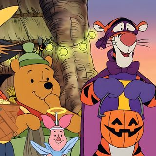 winnie the pooh and friends are dressed up for halloween Winnie The Pooh Halloween Desktop Pooh Heffalump Halloween Movie, Disney Halloween Film, Original Disney Halloween Movies, gray