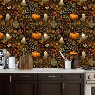 a kitchen wall with pumpkins, leaves and birds on the wall next to an oven Halloween Kitchen Renter Friendly, Contact Paper, Accent, Kitchen Wall Decor, dark olive green