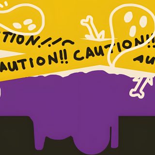 a yellow and purple banner with black writing on it that says caution, caution can't kill Nonbinary Halloween Nonbinary Halloween, Nonbinary Flag Aesthetic, Purple And Yellow Banner, saddle brown