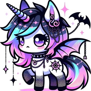 a drawing of a unicorn with stars on it's head and an ear ring Halloween Unicorn Kawaii Bat, Cute Anime Coloring, Goth Pastel, Unique Unicorns, D D Character, plum