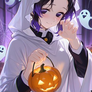a girl dressed as a ghost holding a pumpkin Demon Slayer Halloween Criaturas Míticas, Fan Art, light slate gray