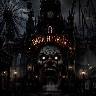 a man standing in front of a carnival at night Halloween Horror Nights 4k Dark Carnival, Creepy Carnival Art, Joker Tattoo Design, Fantasy Words, black