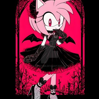 a drawing of a girl with pink hair and black dress, holding a cat in her hand Amy Rose Halloween Amy Rose Demon, Dark Amy Rose, Amy Rose The Bat, Demon Amy, Amy Rose, black