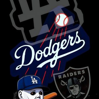 the los angeles dodgers mascot is holding a bat and pumpkin in front of a black background Dodgers Halloween Raiders Lakers Dodgers, Logo Cool Dodgers, Dodgers And Raiders, Raiders And Dodgers, black