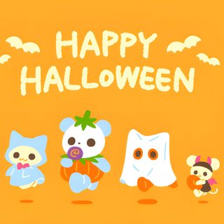 halloween wallpaper with cute cartoon animals and the words happy halloween written in white on an orange background Sanrio Halloween Gif 2d Cartoon, Cute Halloween Desktop, Hamtaro Halloween, Acnh Halloween, goldenrod