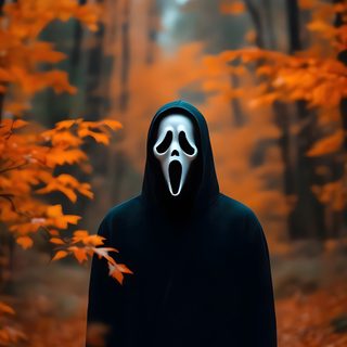 a person wearing a mask and standing in the middle of a forest with leaves all around Ios 26 Depth Effect Halloween Ios 26 4k, Movie Character, Scream Characters, saddle brown