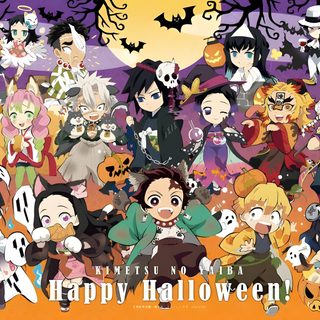an image of halloween characters with pumpkins and bats in the background for happy halloween Halloween Demon Slayer Kny Halloween Official Art, Demon Slayer Chibi Official Art Halloween, Demon Slayer Chibi Halloween, gray