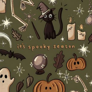 an image of halloween seamless pattern with skeletons and pumpkins on green background that says it's spooky season Aesthetic Sage Green Halloween Ipad Halloween, Iphone Halloween Aesthetic, Halloween Iphone Aesthetic,