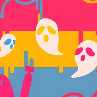 three ghost heads hanging from a line with crosses and candles in front of them, against a multi - colored background Halloween Pride Flag Halloween Pride, Halloween Pan Flag, Halloween Pride Flag, light salmon