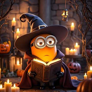 the minion is reading a book in front of candles Minions Halloween Minion Dia De Muertos, Minions Halloween Gif, Wizard Minion, dark slate gray