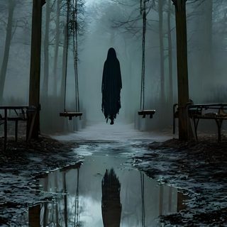 a person standing in the middle of a forest with swings and benches on either side Horror Background With Scary Monster Halloween Spooky Dark And Scary Aesthetic, Scary Aesthetic, Horror Scenery, dark slate gray
