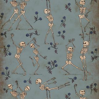 an old poster with skeletons and flowers on the back ground, in front of a blue background Matching Halloween Halloween Party Decoration Ideas, Halloween Skeleton Art, Skeletons Dancing Illustration, gray
