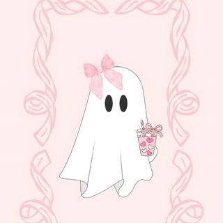 the ghost is holding a cup in her hand Pink Coquette Halloween Ghost Bow, Pink Coquette Halloween, Ghost With Bows, seashell