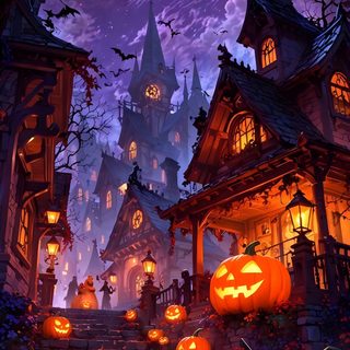 an image of a halloween scene with pumpkins on the steps and scary houses in the background Halloween Cartoon Hd Halloween, Halloween Cute, Haunted Village, Wow Halloween, dark slate gray