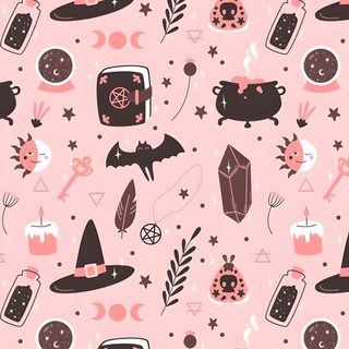 a pink background with black and white items on it's side, including an image of witches Pastel Halloween Party Black Pink Halloween Phone Theme, Pink Autumn, Cute Pink Halloween Phone Background, misty rose