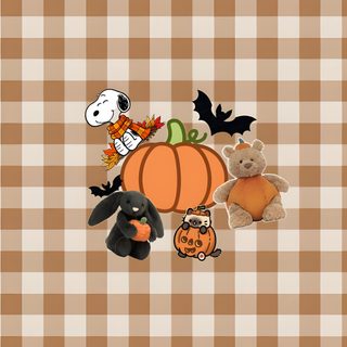 an orange and white checkered table cloth with various halloween items on it's surface Background Snoopy Halloween tan