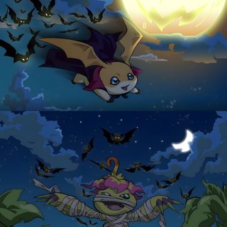 two pictures with bats flying in the sky and one has a bat on it's head Digimon Halloween Digimon Tamers, Digimon Adventure Tri, Digimon Adventure, Digimon, dark slate gray