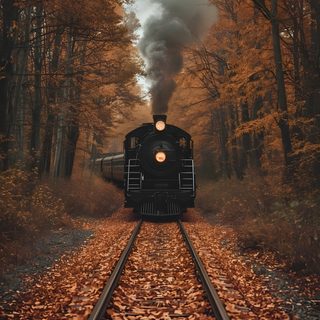 a train traveling through a forest filled with lots of trees covered in fall colored leaves Halloween Train Front Of Train, Old Train Photograph, Autumn Train Photography, Fall Train, dark olive green