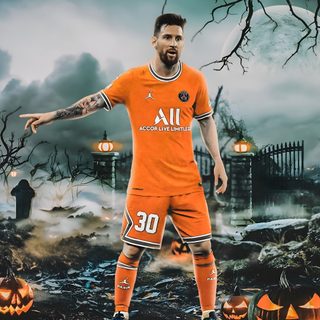 a man in an orange soccer uniform standing next to pumpkins Football Halloween Psg Football Players For Halloween, Halloween Football Posters, Halloween Soccer Decoration, dim gray