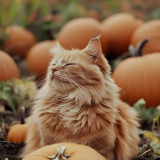 an orange cat is sitting in the middle of pumpkins on the ground and looking up Orange Cat Halloween Cozy Autumn Cat Photos, Cat Fall, Pumpkin Patch With Cats, Cats And Pumpkins, sienna