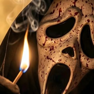 a person wearing a mask holding a lit match Halloween Halloween Scream Scream Scene, Scream Widgets, Scream Macbook, Scream Background, saddle brown
