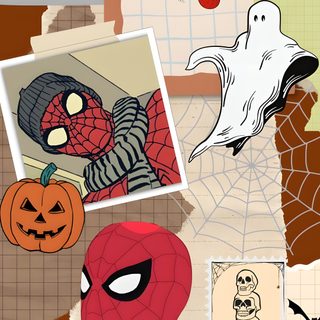 a collage of halloween pictures with spiderman, ghost and pumpkins in the background Halloween Spiderman Marvel Halloween Background, Fall Men, Halloween Spider Man, Fall Spiderman, tan