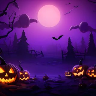 halloween night with pumpkins and bats on the ground Purple Halloween 4k Halloween Theme Background, Cute Halloween Computer, Halloween Bg, midnight blue