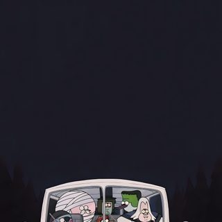 an old bus with cartoon characters in the passenger seat driving down a road at night Regular Show Halloween Regular Show Christmas, Regular Show Aesthetic, Regular Show Halloween, Show, black
