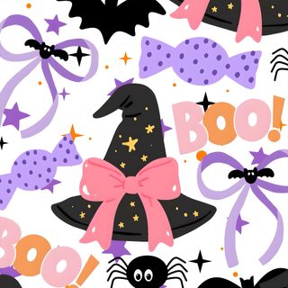 halloween seamless pattern with bats, witches and stars on white background for wallpaper Halloween Kids pink