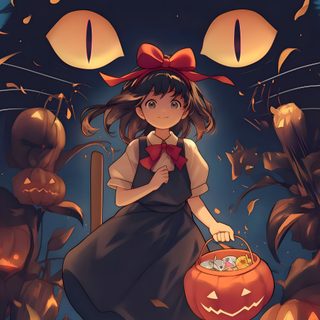 a black cat with a red bow standing next to a girl in front of pumpkins Studio Ghibli Halloween Cute Kikis Delivery Service, Studio Ghibli Halloween Background, Studio Ghibli Halloween, dark slate gray