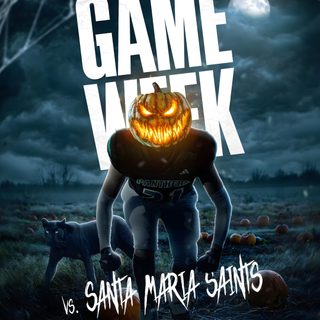 a man in a football uniform with a pumpkin on his head and the words game week Cool Halloween Football Football Game Night Design, Halloween Football Banner Ideas, Halloween Themed Football Posters, dark slate gray
