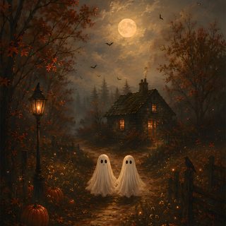 two ghosty ghosts walking down a path in front of a house Halloween Duo black