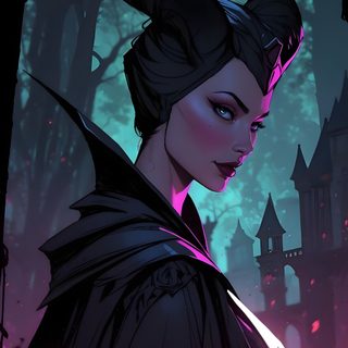 a woman with horns on her head standing in front of a castle and trees at night Maleficent Halloween Female Villains, Disney Maleficent, Disney Villains Art, Disney Artwork, black