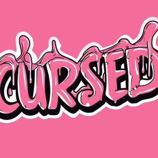the word cursed written in pink and black ink on a pink background with white letters Pink Halloween Words Custom Pink Halloween Text Art, Pink Aesthetic Halloween Text, Pink Spooky Graphic Design, pale violet red