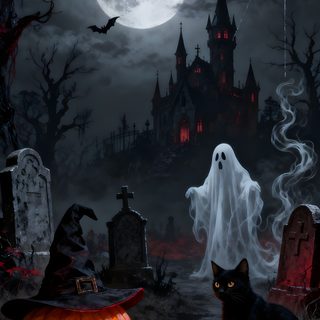 a cat sitting next to a pumpkin in front of a cemetery with a ghost on it Halloween 2023 Haunted House Pictures, Vintage Halloween Images, Happy Halloween Pictures, black