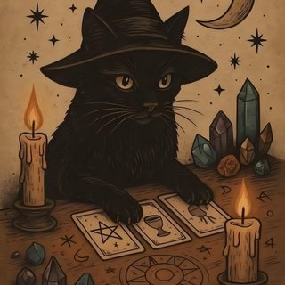 a black cat sitting on top of a table next to candles and tarot cards Halloween Witch Cat Witchy Posters Aesthetic, Vintage Halloween Cat, Fall Witchy, Witch Print, saddle brown