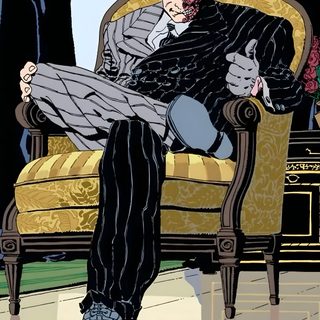 a man sitting on top of a chair in front of a window wearing a suit and tie The Long Halloween 2 Face Pfp, Two Face Batman, Harvey Dent Comics, Two Face Comics, Two Face Pfp Dc, dim gray