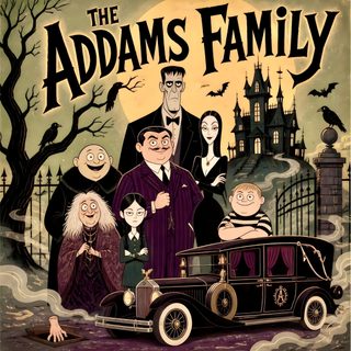 the addams family poster with an old car Halloween Addams Family Adams Family Art, Diy Halloween Village, The Addams Family, dark olive green