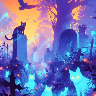 a painting of cats in a graveyard at night Vaporwave Halloween Spooky Anime Background, Nightcore Art, Halloween Scenery Art, slate blue