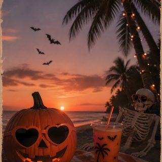 a pumpkin with sunglasses and a drink sitting on a table next to the ocean at sunset Halloween Tropical Halloween Photo, Halloween Summer, Summerween Aesthetic, Fall Memes, saddle brown