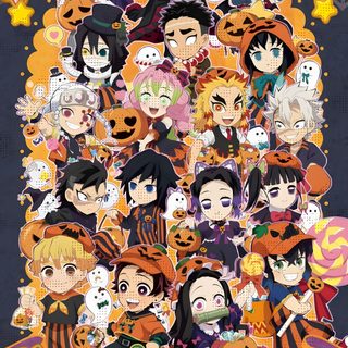 an image of halloween characters with pumpkins and jack - o'lanterns on them Demon Slayer Halloween Demon Slayer Thanksgiving, Halloween Demon Slayer, Demon Slayer Halloween, sienna