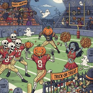 Dive into the spirit of spooky season with this unique Halloween football illustration. Featuring skeleton players and ghostly fans in a vintage-style art. Perfect for digital wallpaper, Halloween party invites, or as a fun print for your spooky home decor. Get ready for a frightfully good game day with this one-of-a-kind fan art! #HalloweenAesthetic #SpookySeason #HalloweenArt #FootballArt #FanArt #VintageIllustration #DigitalArt Halloween Game 2020, Halloween Search And Find Pictures, Hidden Object Halloween, Halloween Map, Halloween Sports, Halloween Football Game, Football Halloween, Halloween Neighborhood, Halloween Scene Comic Illustration Halloween Football Halloween Game 2020, Halloween Search And Find Pictures, Hidden Object Halloween, gray