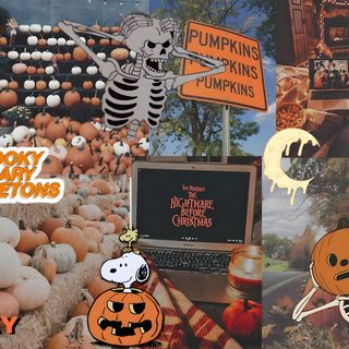 halloween collage with pumpkins, jack - o'- lanternes and skeletons Cute Aesthetic Halloween For Computer October Macbook Aesthetic, Spooky Season Aesthetic Laptop, Spooky Season Desktop, dim gray