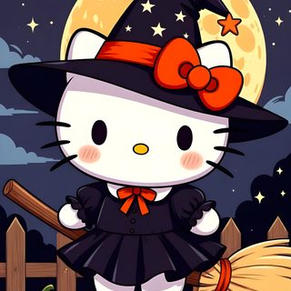 a hello kitty dressed up as a witch with a broom and pumpkin in front of a full moon Halloween With Hello Kitty In A Hat Halloween Pictures Hello Kitty, Happy Halloween Hello Kitty, Hellokitty Halloween, dark slate gray