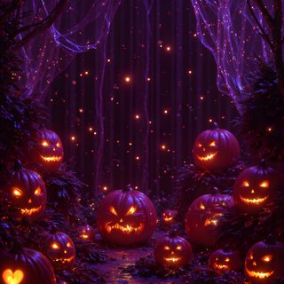 halloween pumpkins lit up in the dark with lights on them and trees around them Halloween Party Backgrounds black