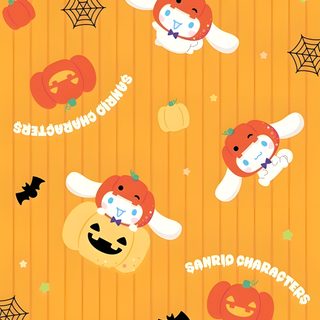 an orange background with some animals and bats Cinnamon Roll Halloween Cute Cinnamoroll Halloween, Halloween Cinnamon Roll, Cinnamon Roll Hello Kitty Halloween, goldenrod