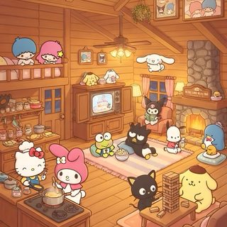 an image of a cartoon living room with cats and other animals in the house, Aesthetic Sanrio Halloween peru