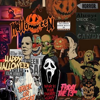 halloween collage with pumpkins, jack - o'- lanterns and ghost faces 80s Halloween Aesthetic Halloween Projector, Halloween Iphone Backgrounds, Movie Collage, dark olive green
