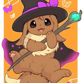 a cartoon bear dressed as a witch holding a wand Eevee Halloween Eevee Witch, Eevee Halloween Fanart, Halloween Eevee Gif, Eevee Halloween Art, peru