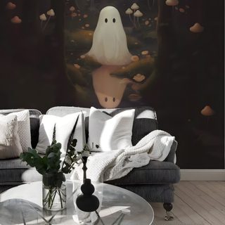 a living room with a couch, coffee table and large wall mural in the background Halloween Ghost For Bedroom Mushroom Ghost, Mushroom Design Inspiration, Artistic Mushroom, dark slate gray
